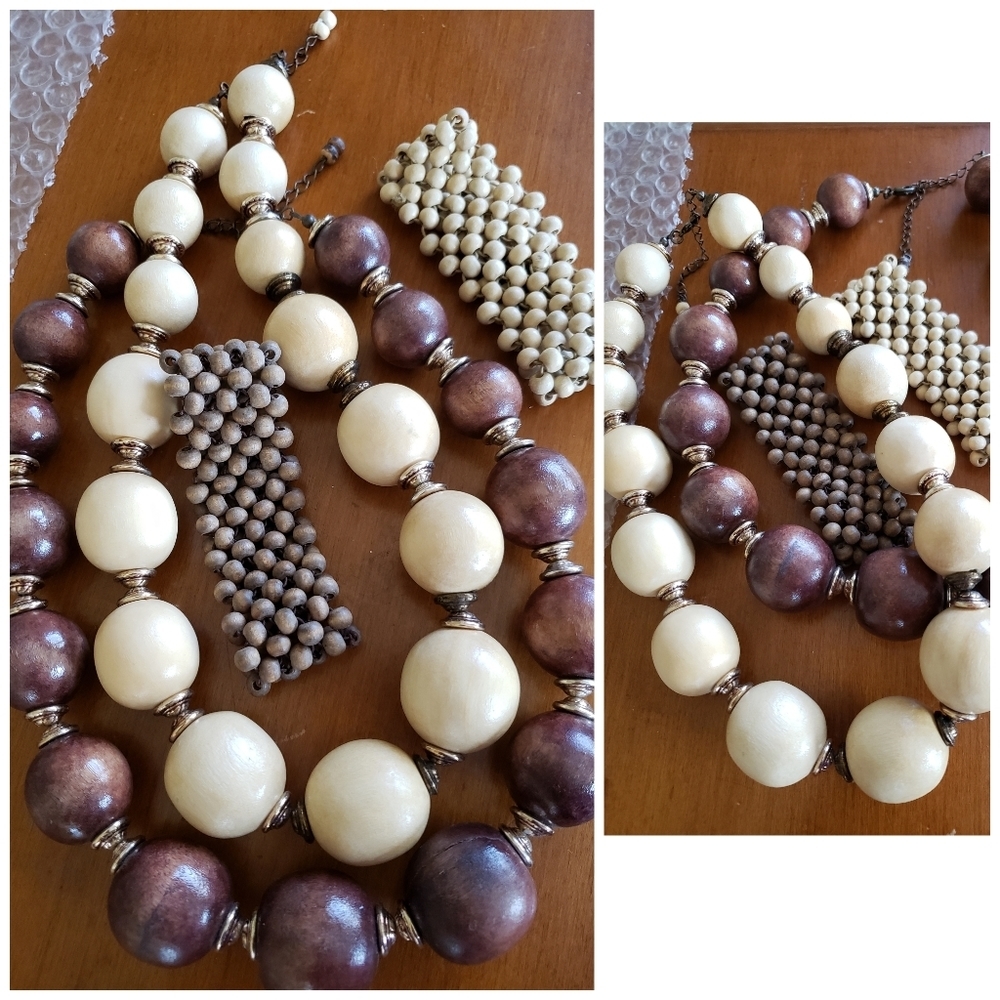Boho Artisan Wooden Jewelry Set 2Necklaces 2 Bracelets Ivory Browns +4 Gifts New - Picture 4 of 10